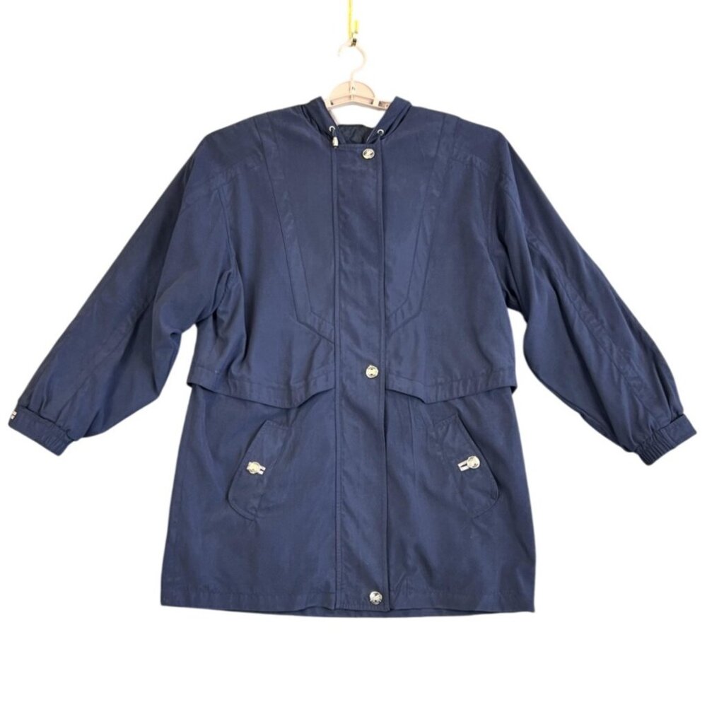 VTG Preston & York Womens M Coat Blue Hooded Zip Parka Minimalist Lined Sport
